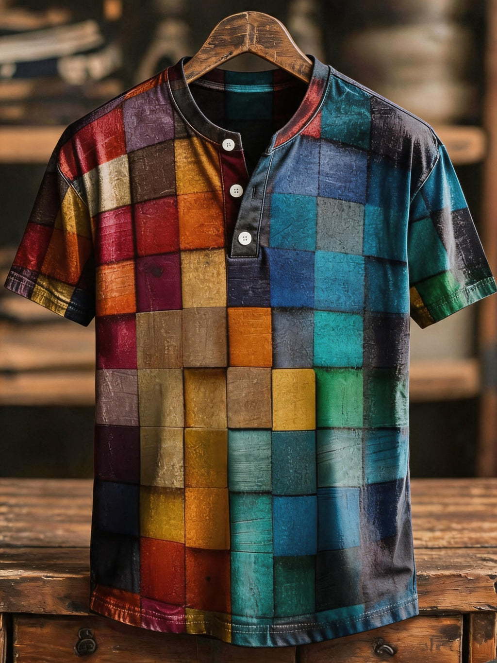 Men's Retro Color-Block Short-Sleeve Henley T-Shirt