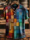 Men's Retro Color-Block Short-Sleeve Henley T-Shirt