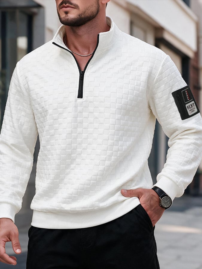 Men's Retro Textured Check Zip-Neck Sweatshirt