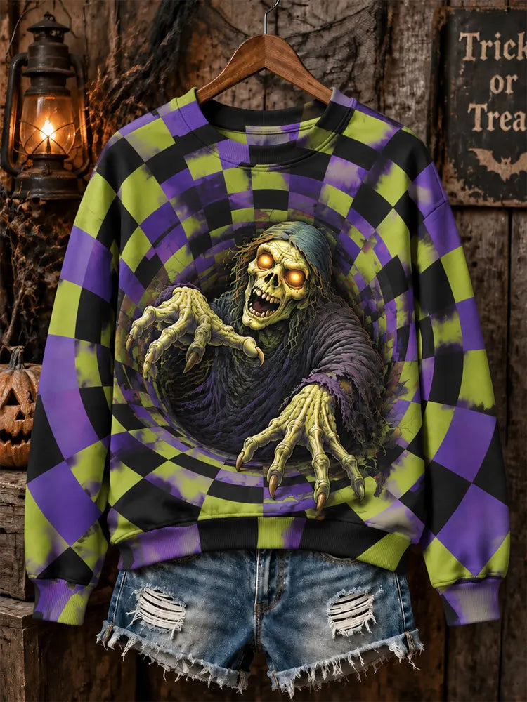 Women's Halloween 3d Zombie Checkered Crewneck Sweatshirt