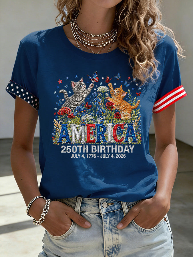 Women'S American Flag Kitten Printed Casual T-Shirt