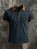 Men's retro wash colorblock short sleeve polo shirt
