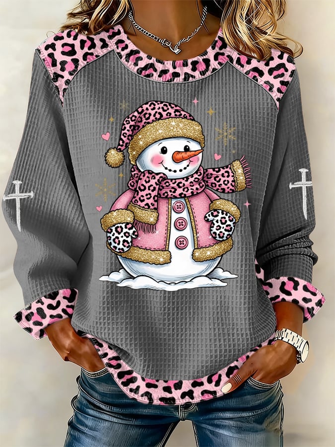 Women's Casual Pink Leopard Print Snowman Waffle Sweatshirt