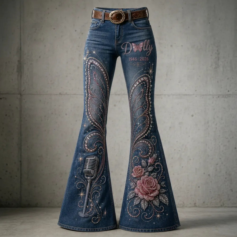 Women's Dolly Parton Butterfly Rose Microphone Printed Flare Jeans