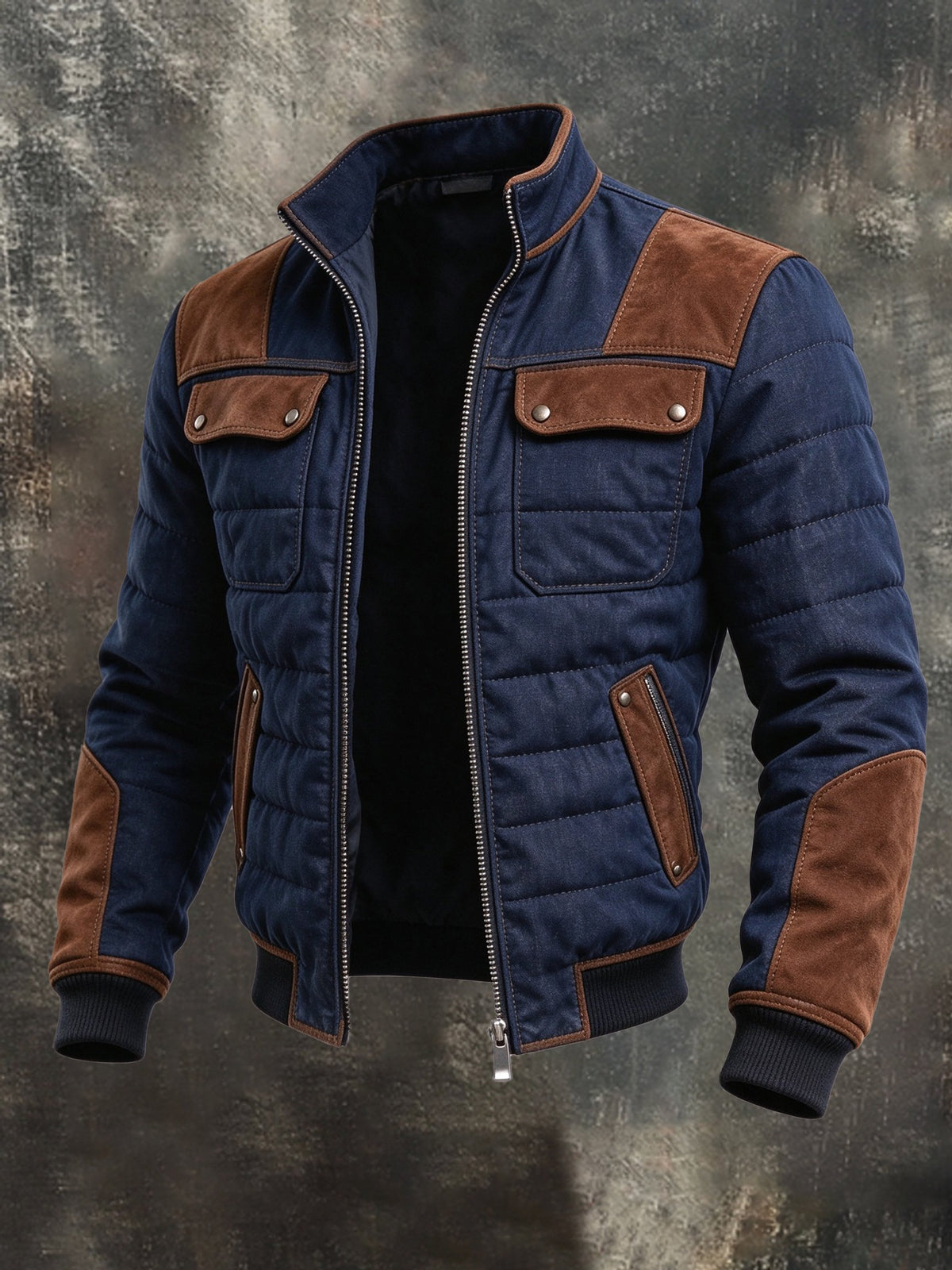 Men's Retro Faux Suede Panel Quilted Stand-Collar Jacket