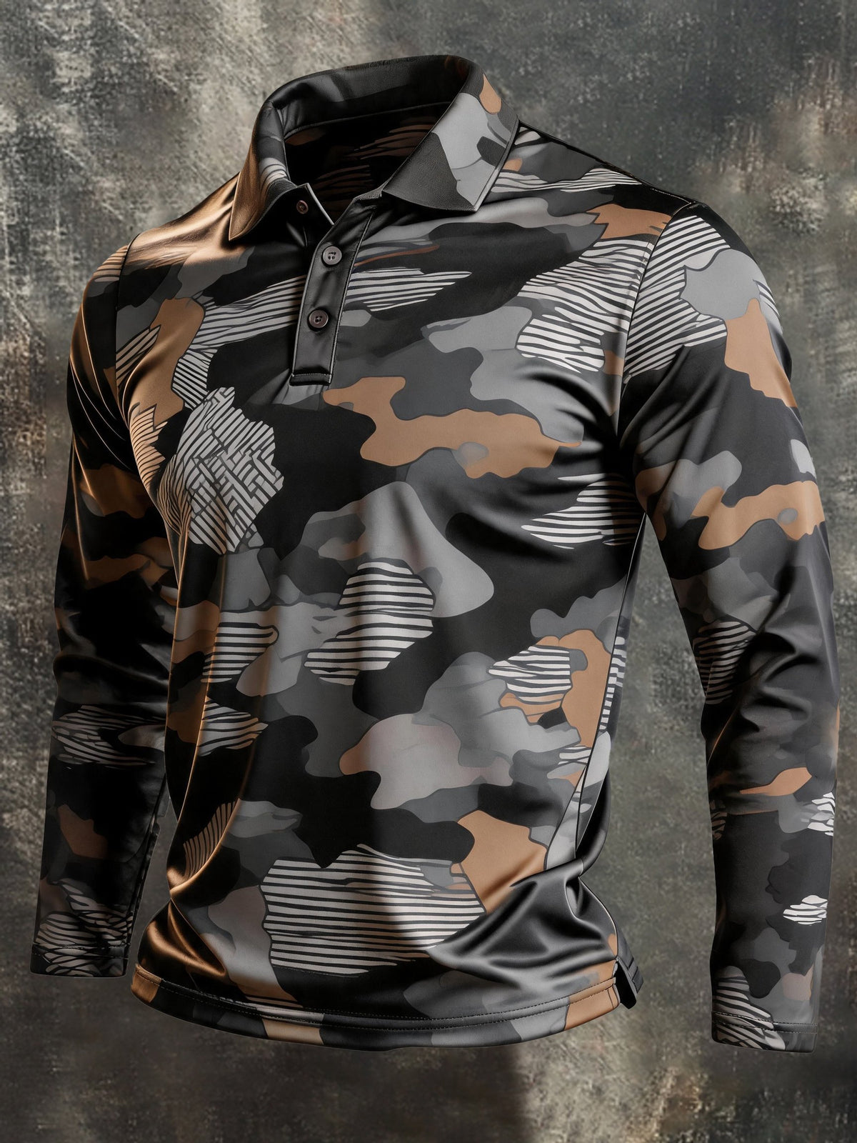 Men's Retro Color-Block Camouflage Long-Sleeve Polo Shirt