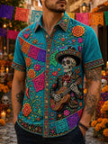 Men's Day Of The Dead Sombrero Skeleton Guitar Colorful Banner Floral Print Short Sleeve Buttons Shirt