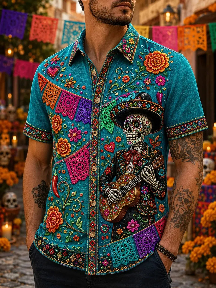 Men's Day Of The Dead Sombrero Skeleton Guitar Colorful Banner Floral Print Short Sleeve Buttons Shirt
