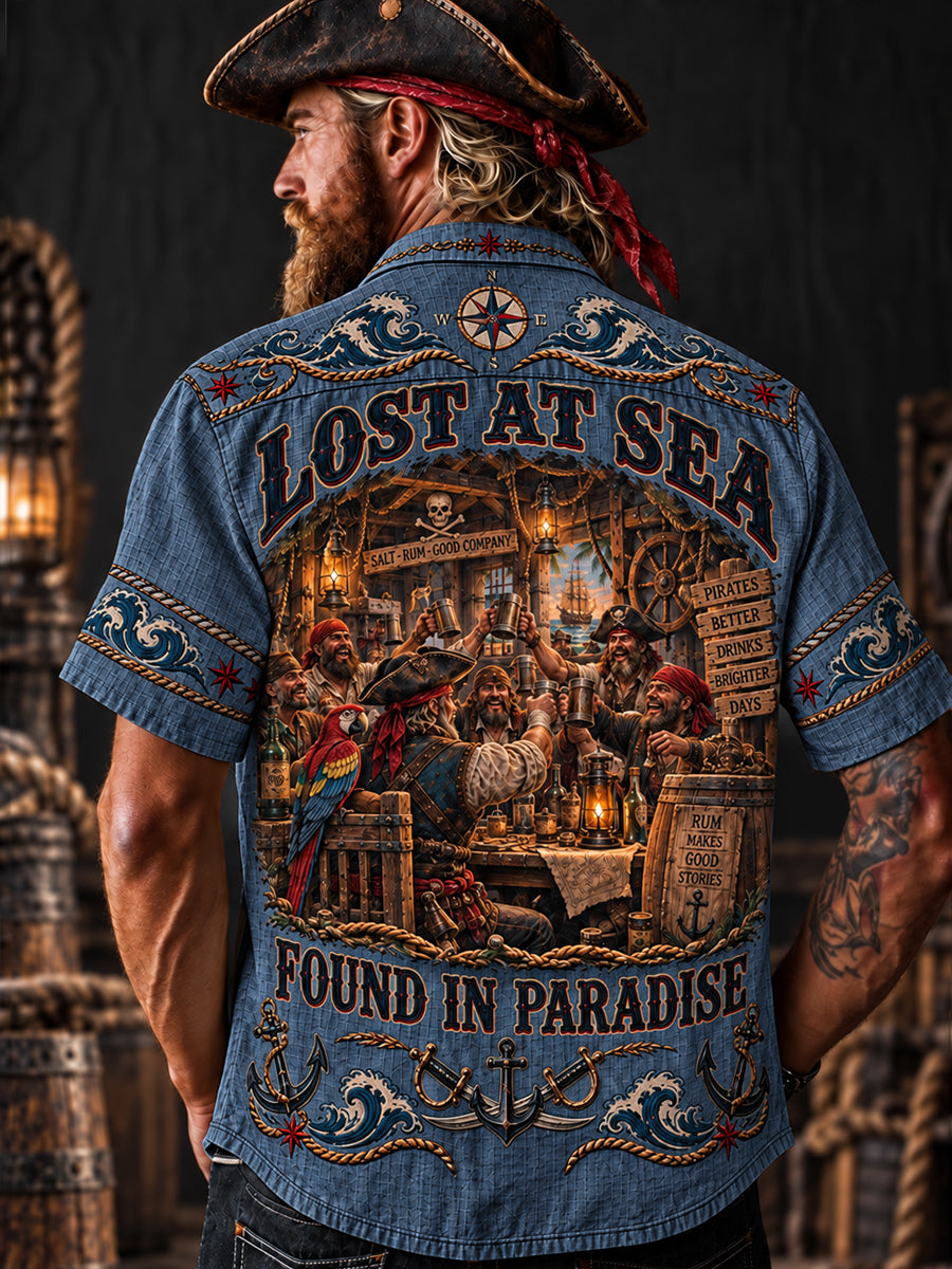 Men’s Vintage “LOST AT SEA” Old Salt Pirate Short Sleeve Shirt
