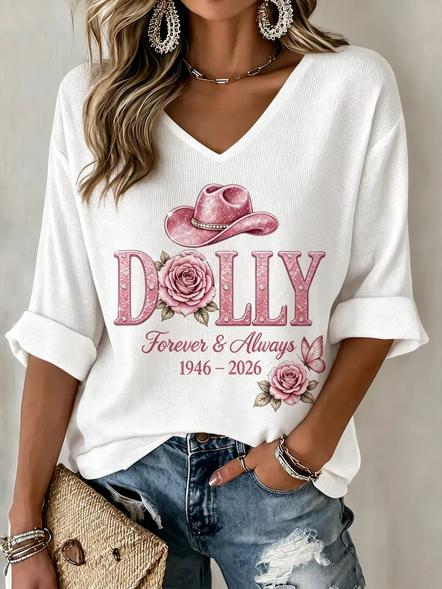 Women's commemorative pattern Waffle V-neck top