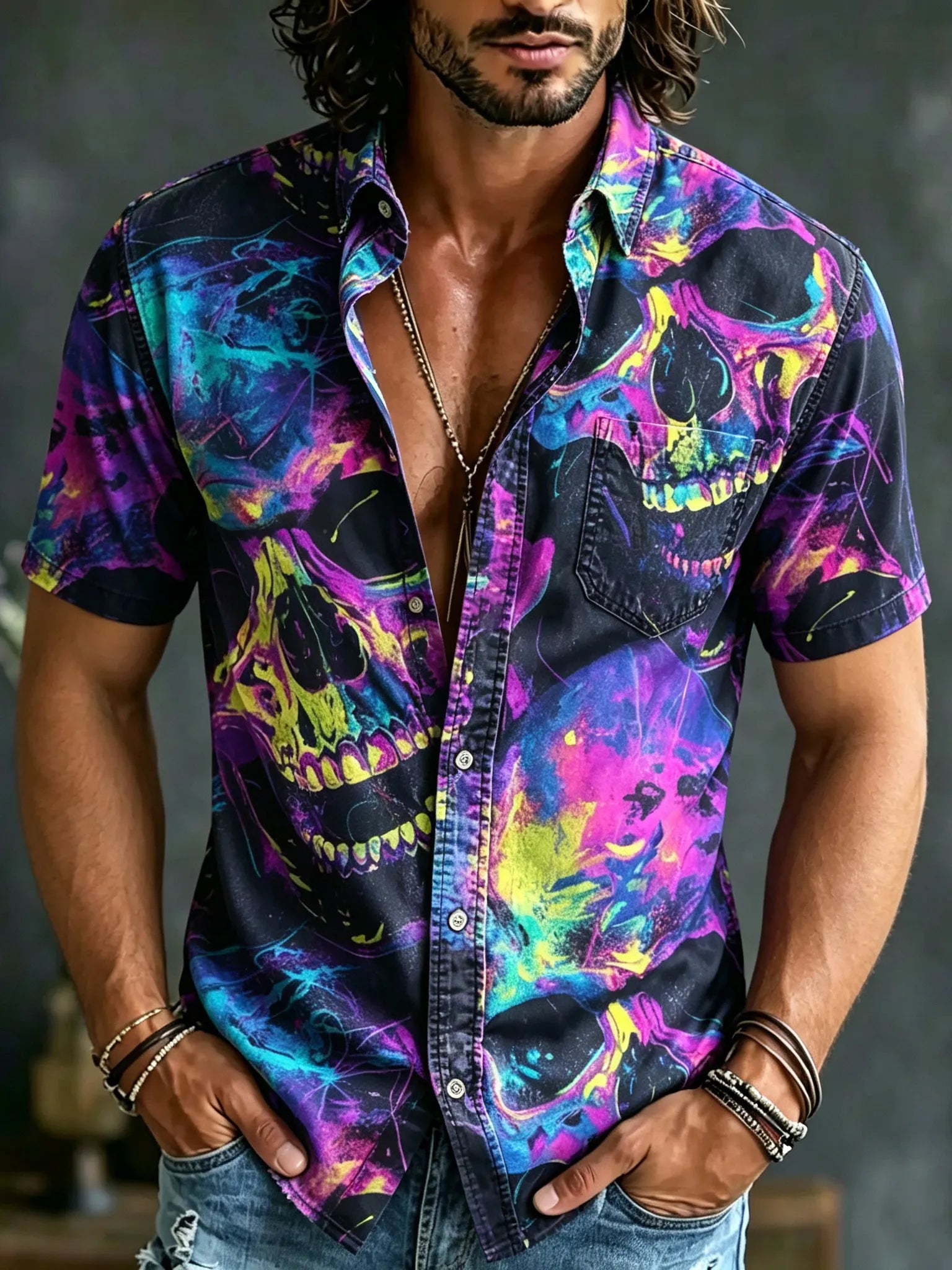 Men's Retro Halloween Skull Print Casual Shirt