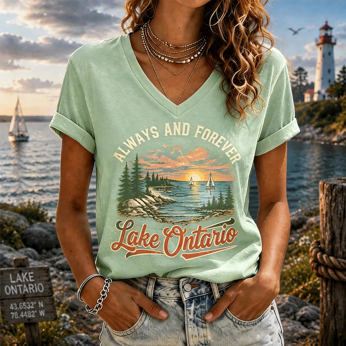 Retro Sunset Lakeside Ontario Timeless V-neck T-shirt