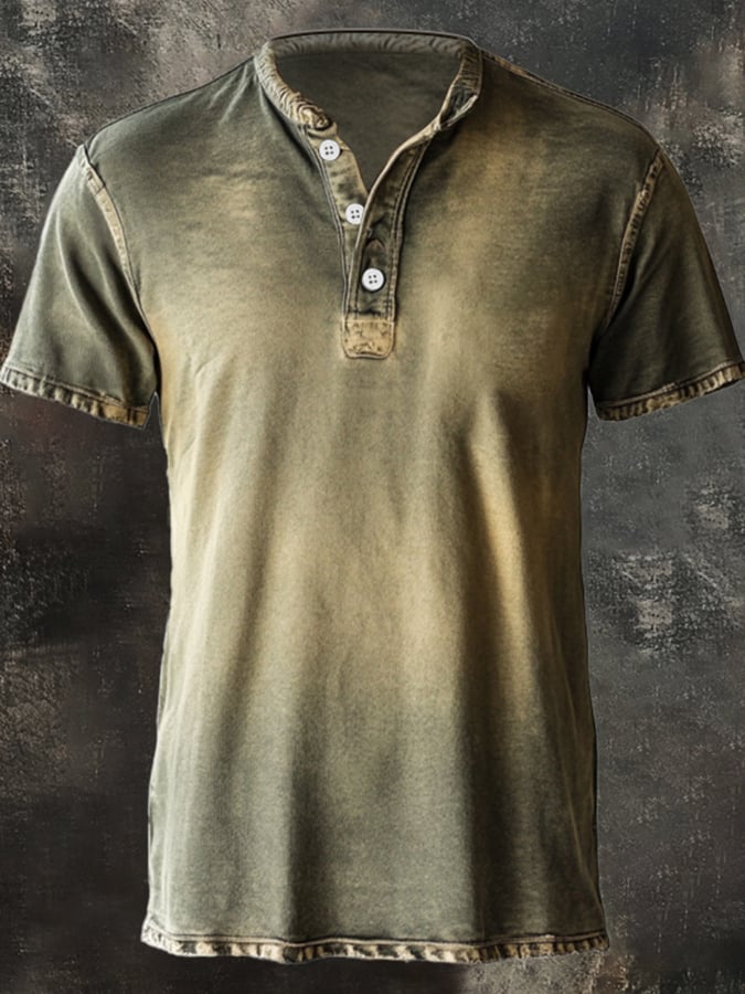Men's casual vintage print Henley T-shirt