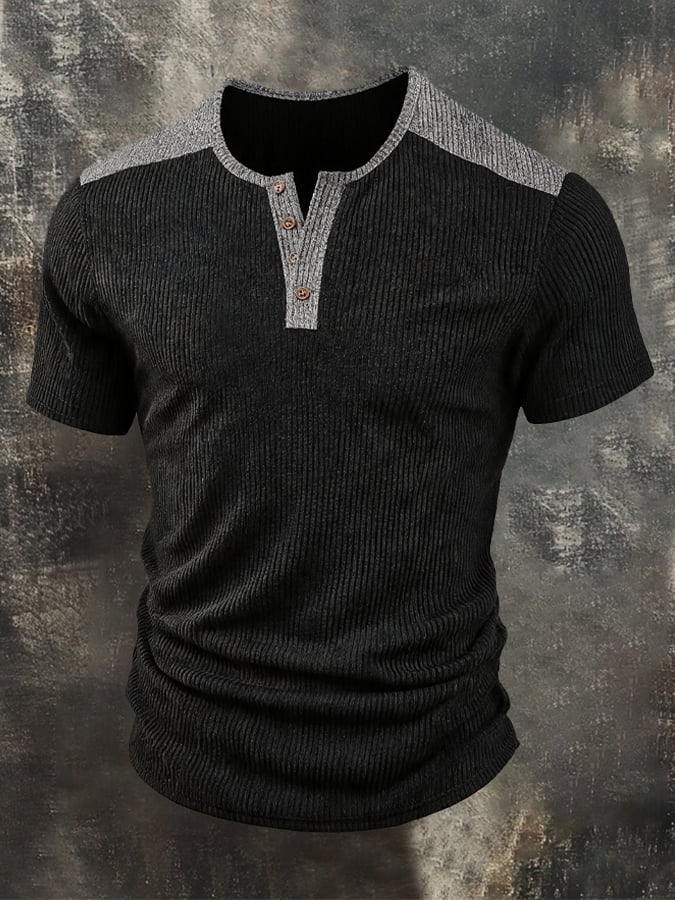 Men's Retro Ribbed Color-Block Stretch Knit Henley T-Shirt