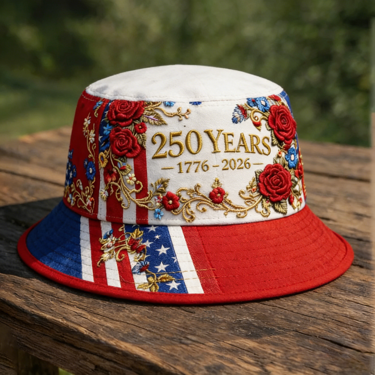 USA 250th Anniversary Floral Bucket Hat – 1776–2026 Patriotic American Flag Embroidered Hat