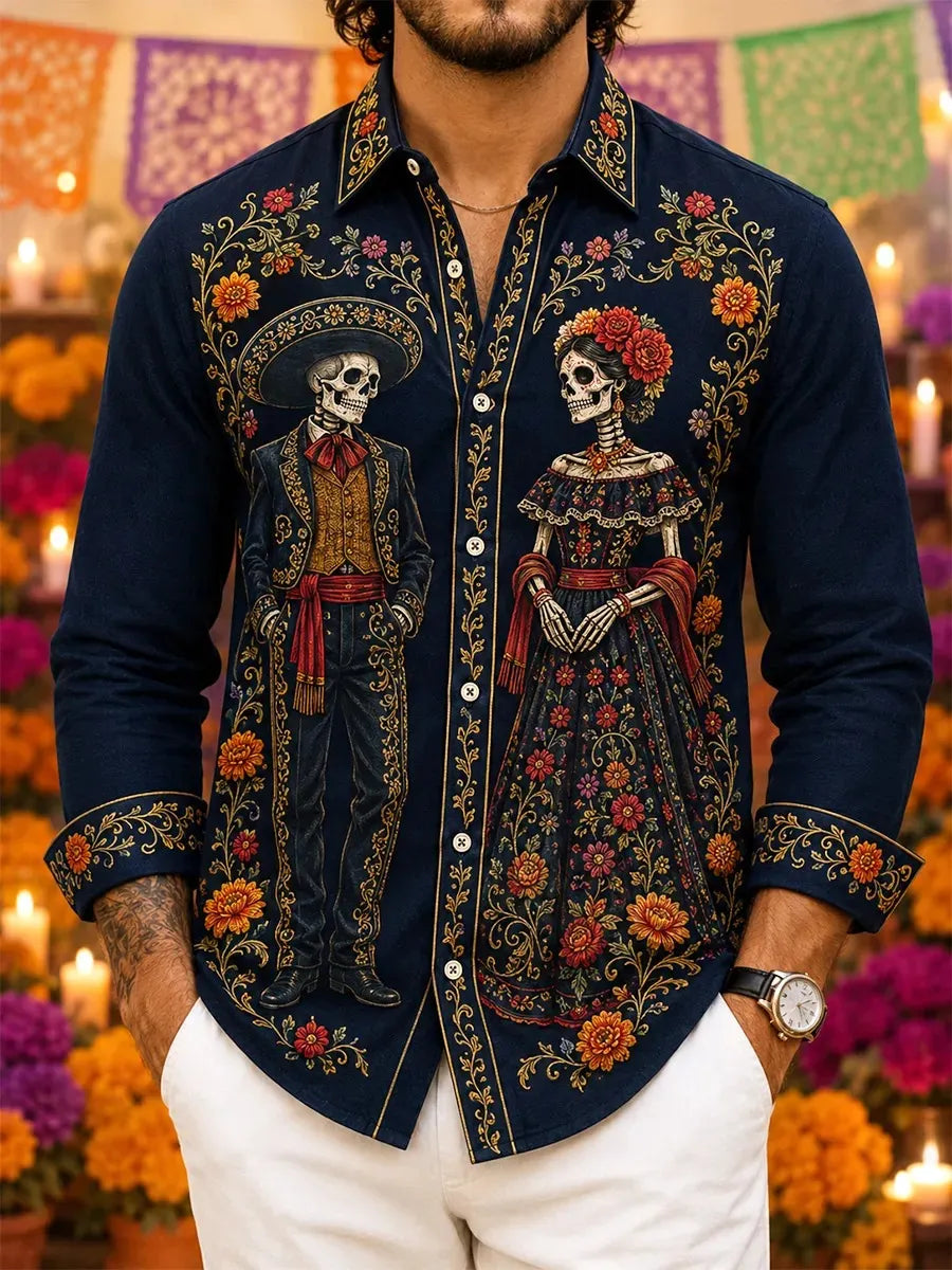 Men's Day Of The Dead Ornate Vintage Skeleton Lovers Print Shirt