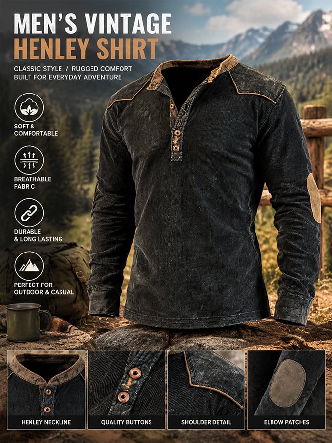 Men's Vintage Comfortable Pure Cotton Color-Block Henley T-Shirt