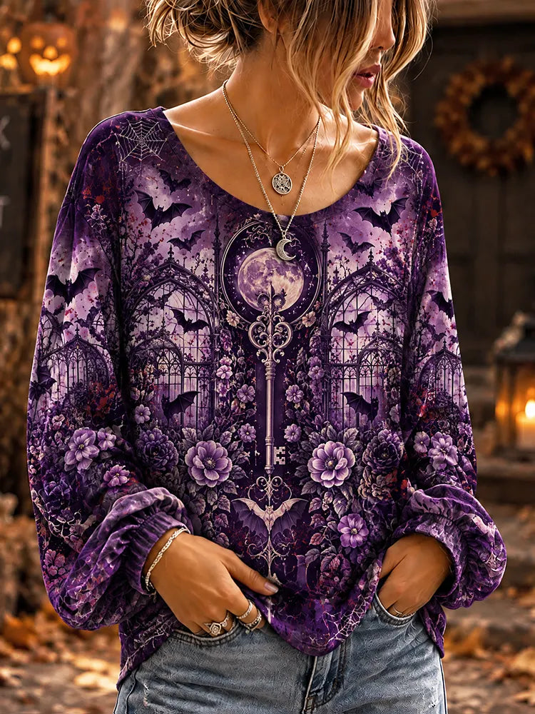 Women's Halloween Purple Gothic Key, Moon, Bats & Flowers Graphic Long-sleeve Top