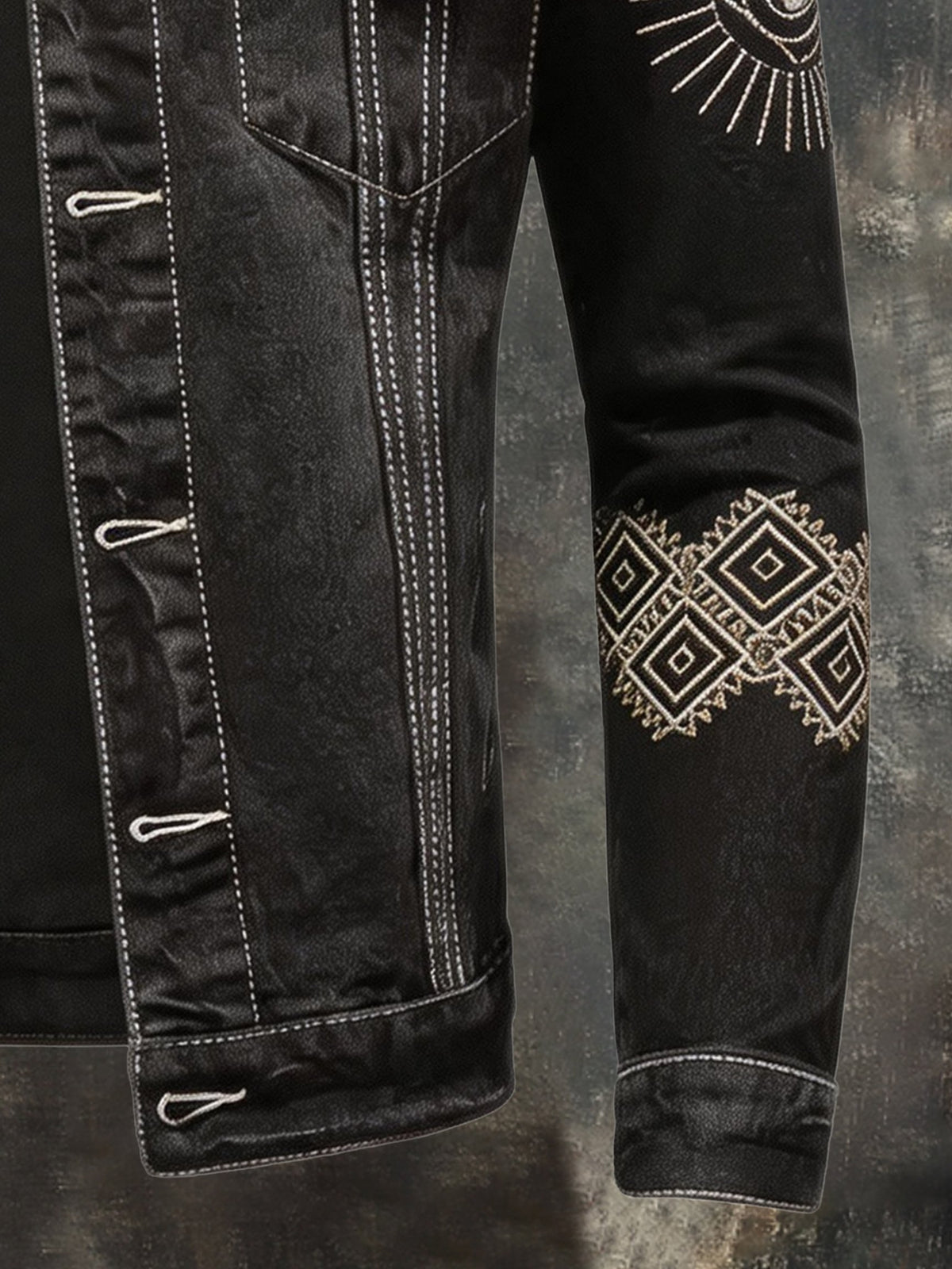 Men's Vintage Distressed Embroidered Biker Denim Jacket