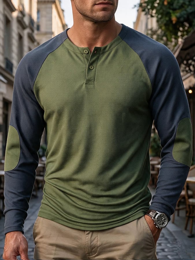 Men's Retro Color-Block Waffle-Knit Henley Shirt