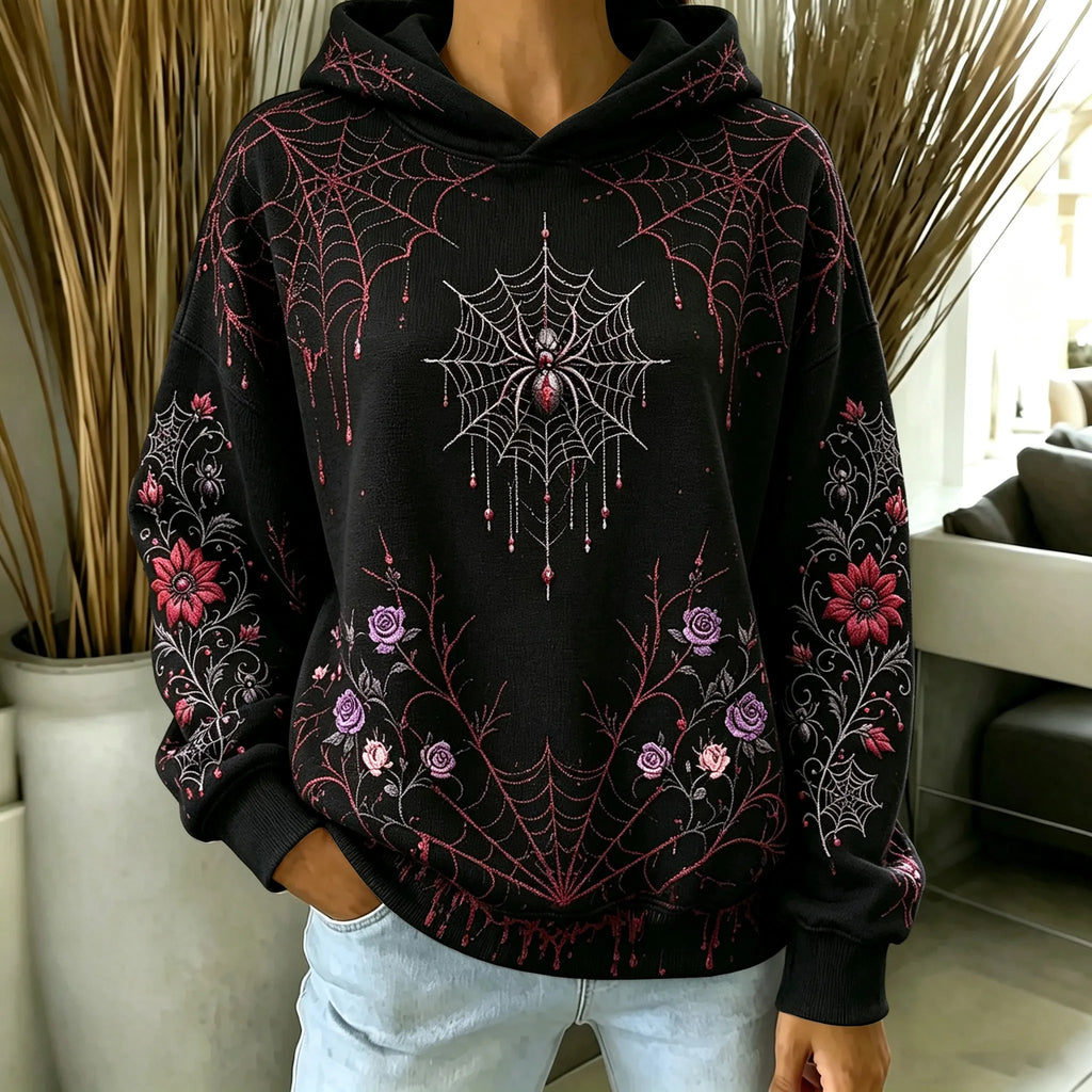 Women's Retro Halloween Spiderweb Floral Art Print Casual Warm Hooded Sweater