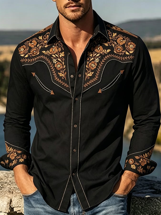 Men'S Western-Style Printed Long-Sleeve Shirt