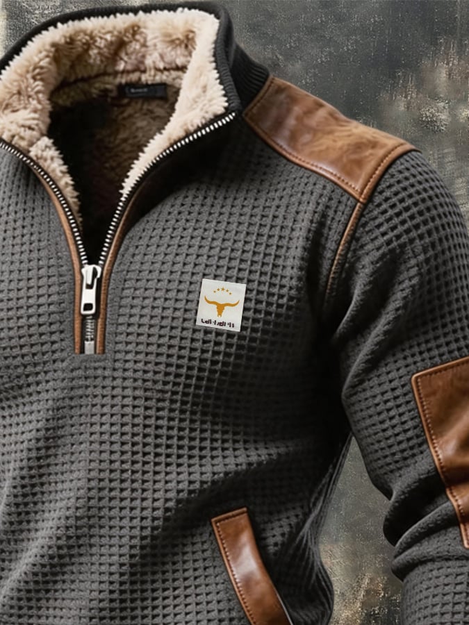 Men's Retro Textured Waffle-Knit Fleece-Lined Zip-Neck Sweatshirt