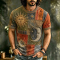 Men's Golden Face Sun Moon Retro Print Crew Neck Short Sleeve T-Shirt