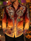 Men's Mexican Day of the Dead Gradient Sugar Skull Sombrero Floral Print Long Sleeve Shirt