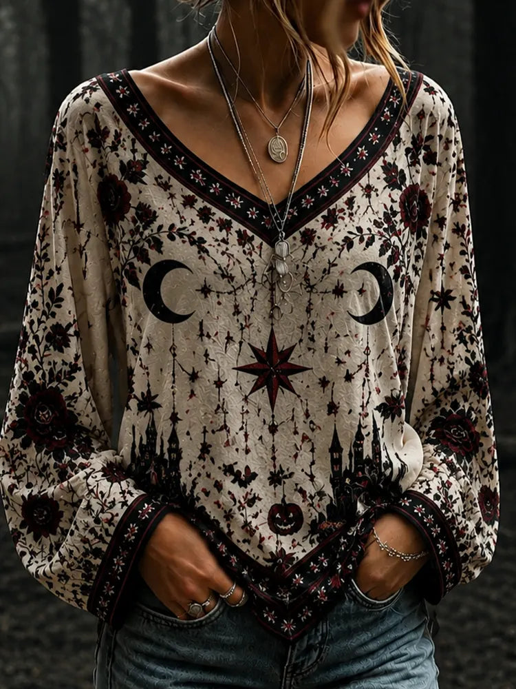 Women's V-neck Long Batwing Sleeve Casual Blouse With Gothic Crescent Moon, Castle, And Floral Print