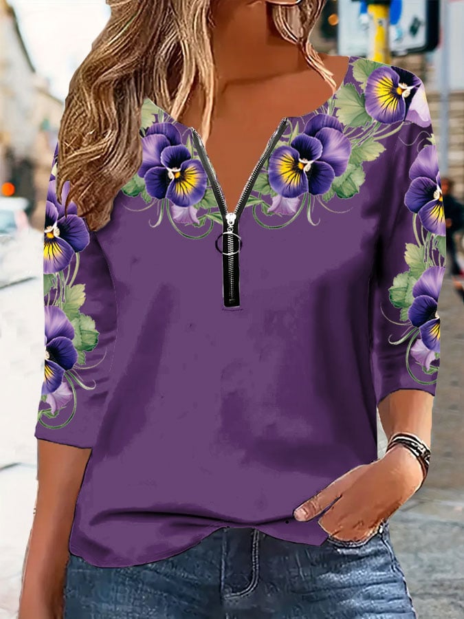 Women's Alzheimer's Awareness Purple Floral Zipper Print T-Shirt