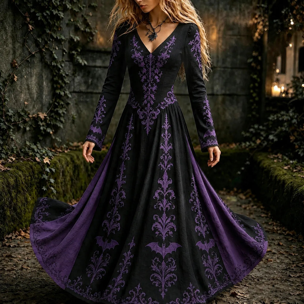 Women's Halloween Gothic Floral Bat Pattern Print V-neck Maxi Dress