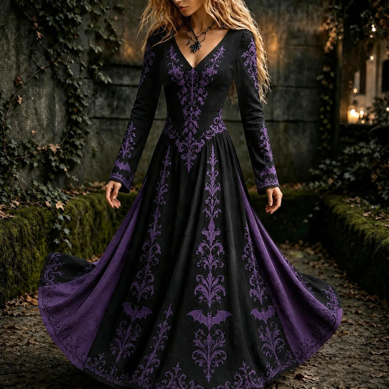 Women's Halloween Gothic Floral Bat Pattern Print V-neck Maxi Dress