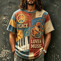 Men's Peace Love Music Guitar Print Crew Neck Short Sleeve T-Shirt