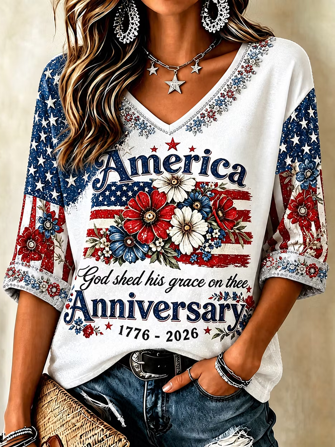 Women's Flag and Floral Color-Blocked Print Top