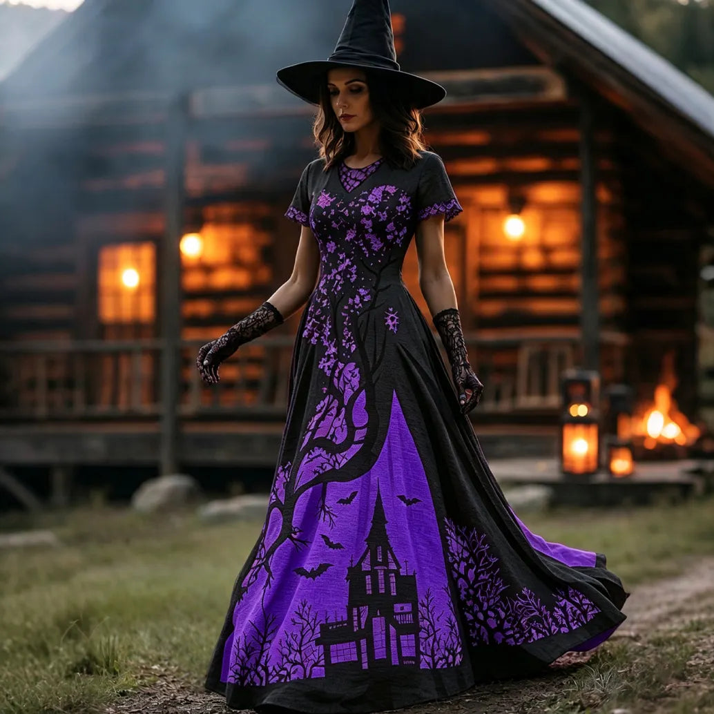 Women's Halloween Gradient Treehouse Design  V-neck Short Sleeves Maxi Dress