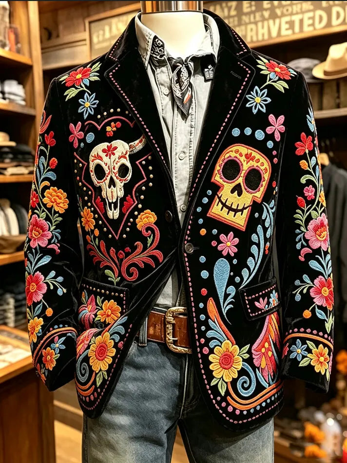 Men's Day of the Dead Colorful Skull Floral Print Corduroy Blazer