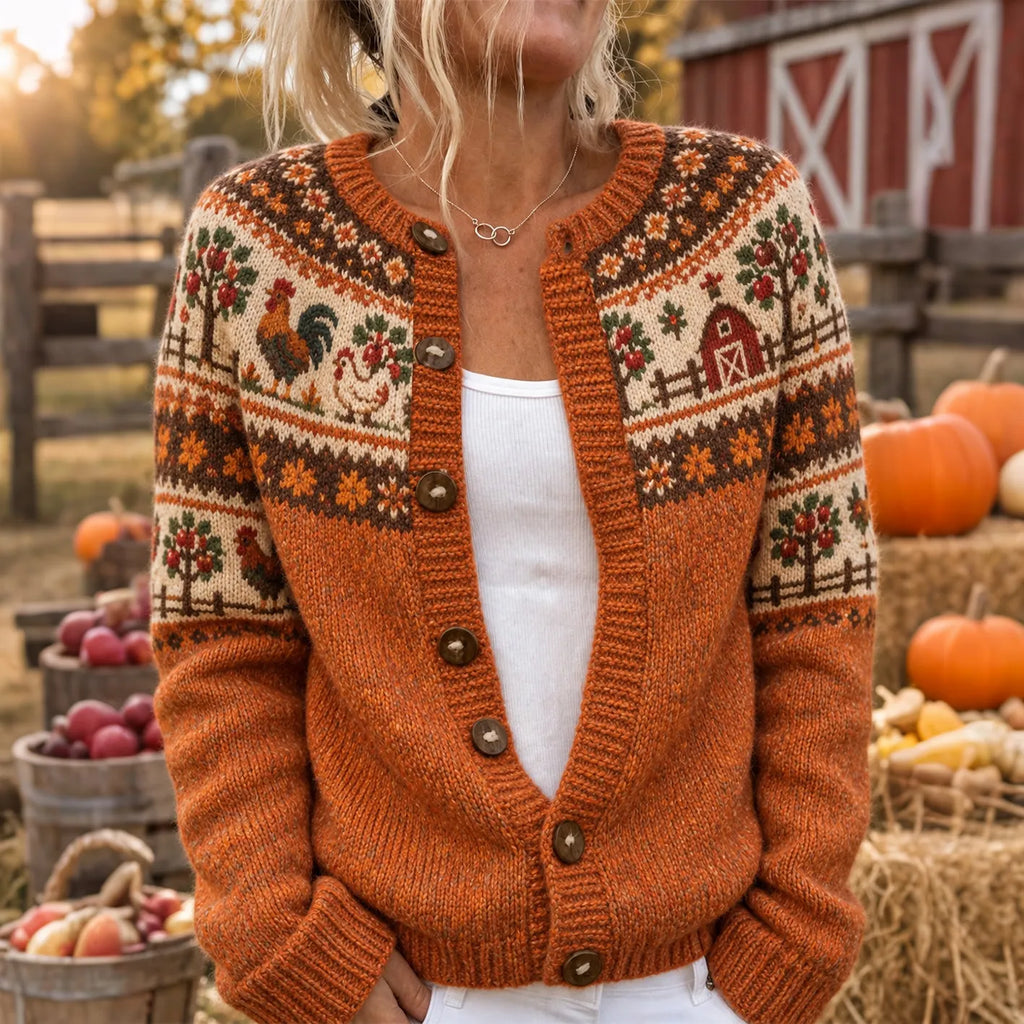 Women's Vintage Autumn Farm Animal Print Casual Knit Cardigan