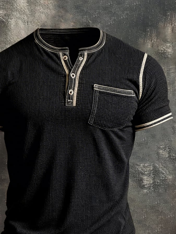 Men'S Retro Color Block Waffle Henley Collar Short-Sleeve Top