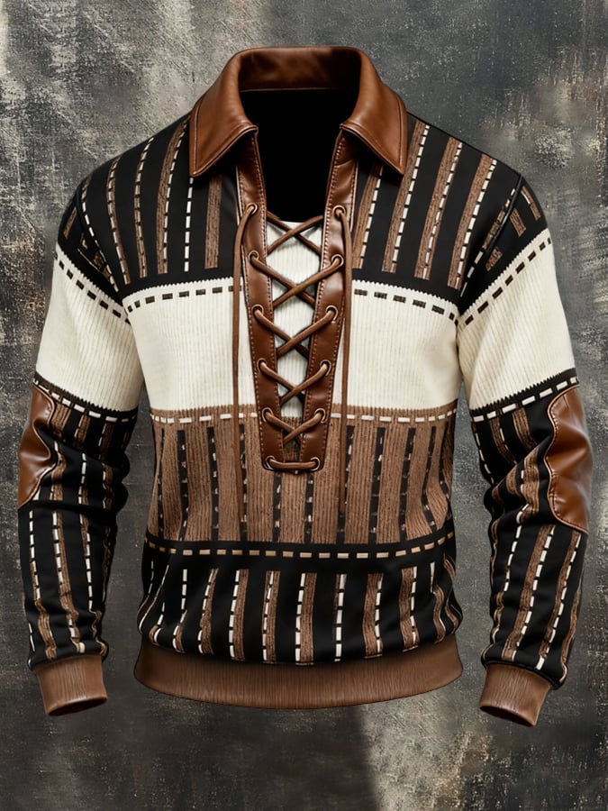 Men'S Fashion Color-Block Long-Sleeve Sweatshirt With Leather Paneling, Lace-Up Detail, And Collar