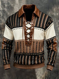 Men'S Fashion Color-Block Long-Sleeve Sweatshirt With Leather Paneling, Lace-Up Detail, And Collar