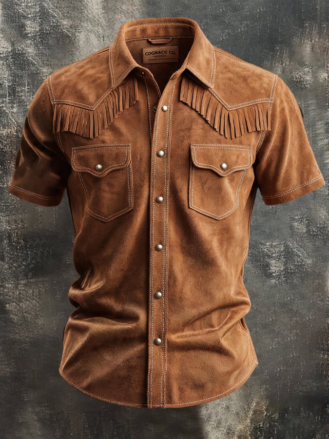 Men's Vintage-Style Western Faux Suede Fringe Shirt