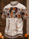 Men's Day Of The Dead Print Stand Collar Short Sleeve Shirt