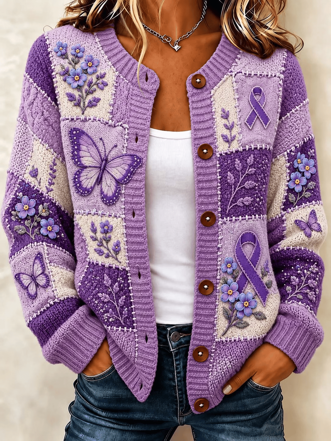 Women's "Pastel Purple Floral & Butterfly" Ombre Knit Cardigan