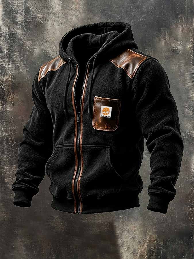 Men'S Vintage Fleece-Lined Hooded Jacket With Leather Paneling