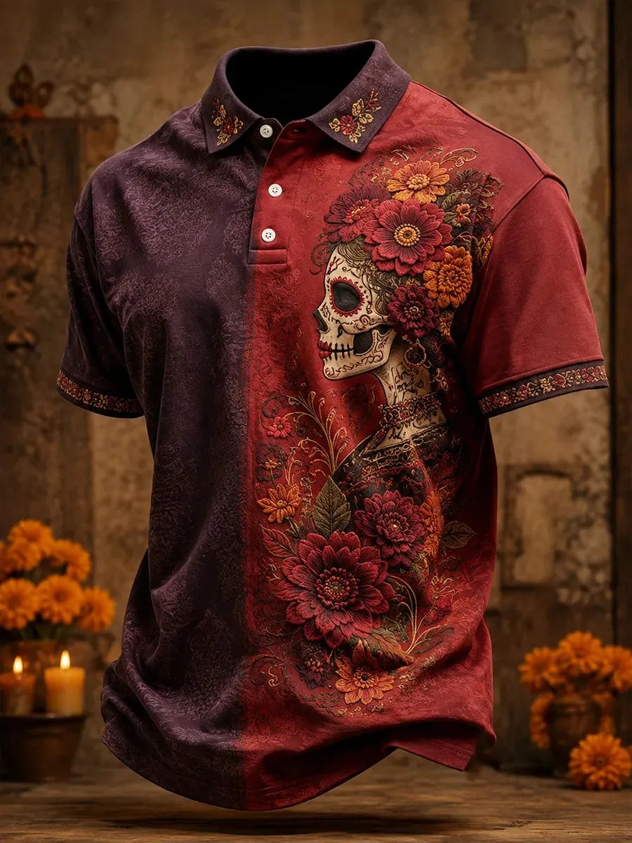Men's Day Of The Dead Catrina Sugar Skull With Floral Crown Print Short Sleeve Polo Shirt