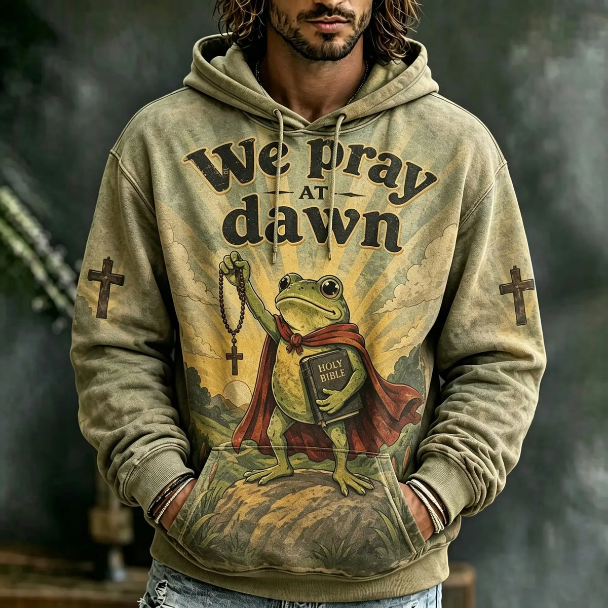 Men's We Pray At Dawn Frog Holding Holy Bible Print Hoodie