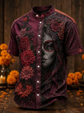 Men's Day Of The Dead Half Skull Face Portrait Print Stand Collar Short Sleeve Shirt