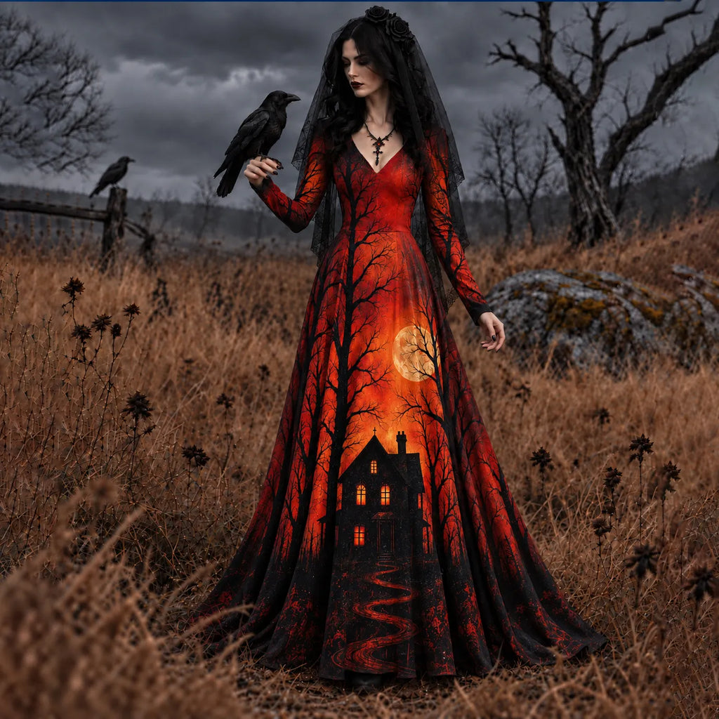 Women's Vintage Treehouse Halloween Art Comfy Maxi Dress