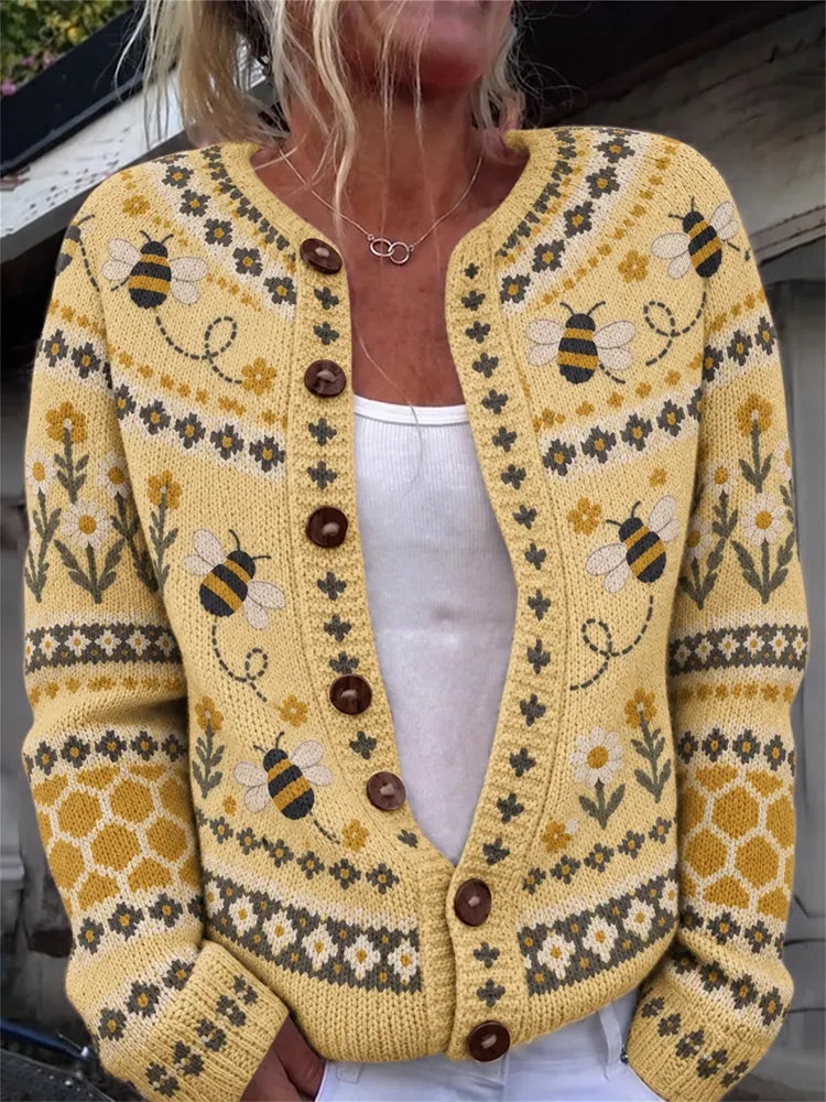 Women's Vintage Bee And Comb Print Casual Knit Cardigan Sweater